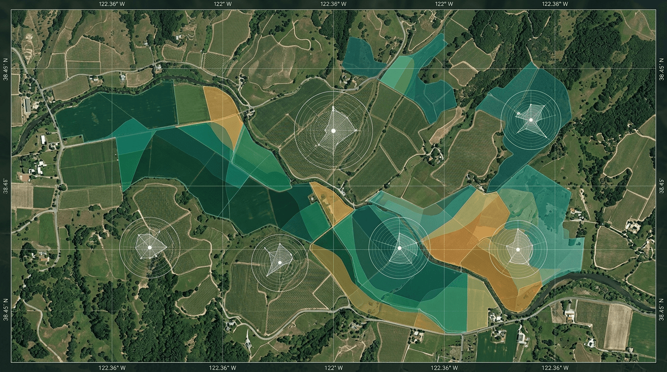 Vista satelital con analítica geoespacial de parcelas agrícolas
